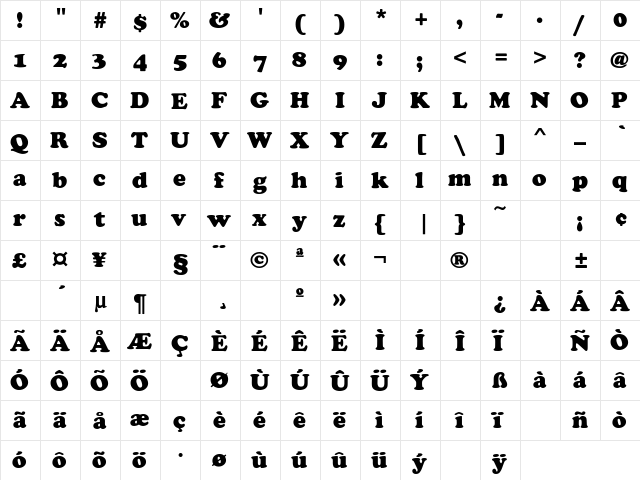 Cooper Regular  glyph index