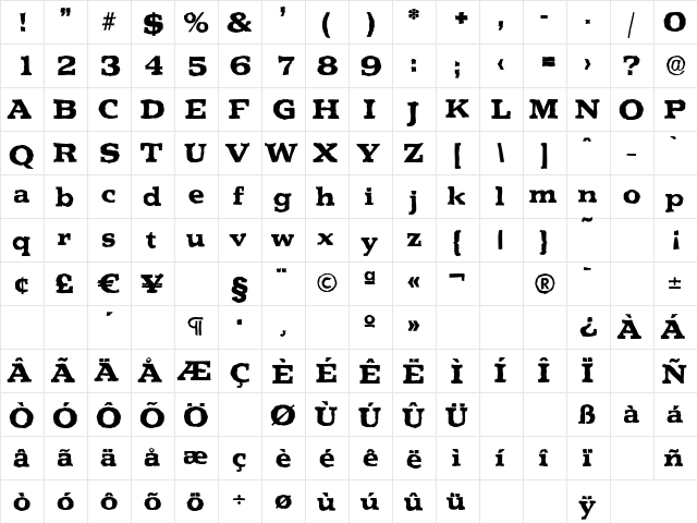 PenthouseAntique-Xbold Regular  glyph index