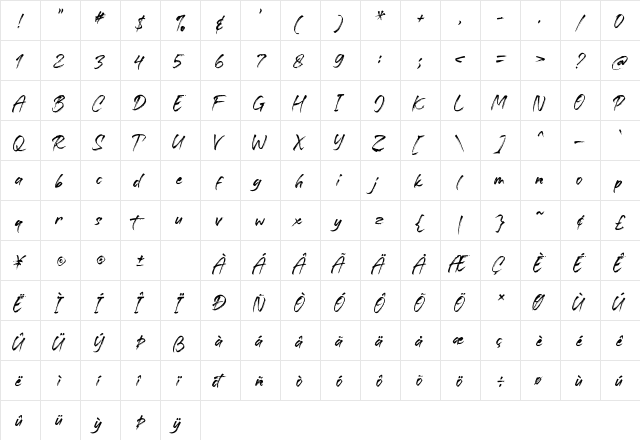Bill Smith Regular  glyph index
