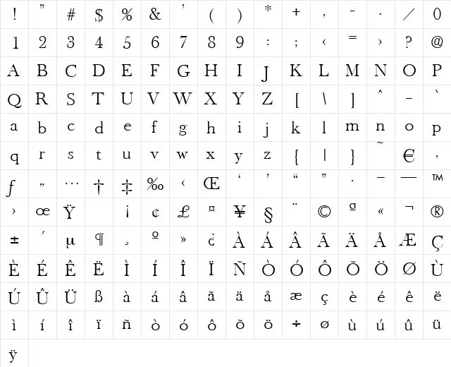 Oldbaskerville-Light Regular  glyph index