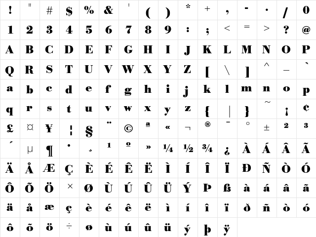 BodoniEF Bold  glyph index