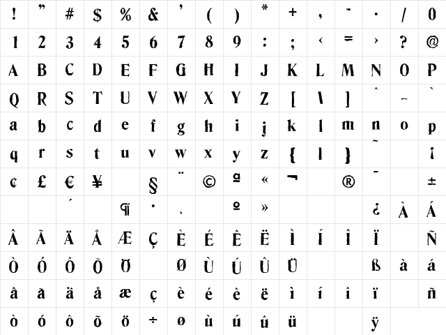 DenverAntique-Xbold Regular  glyph index