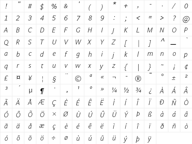 Legato TF Light Italic  glyph index