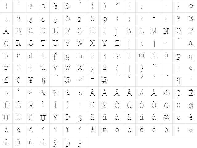 AmintaLight Regular  glyph index