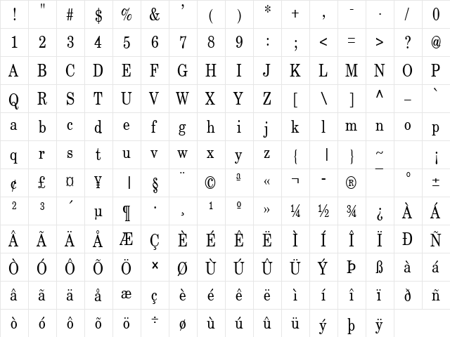 New Boston-Condensed Normal  glyph index