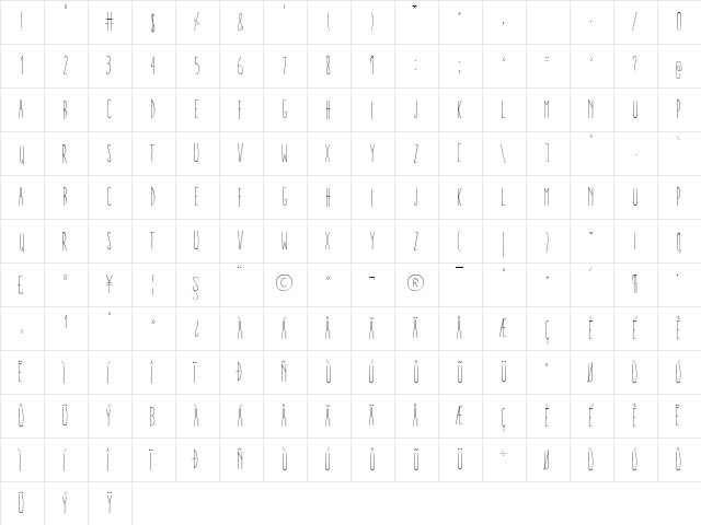 Aracne Ultra Condensed Light Ultra-condensed Light  glyph index