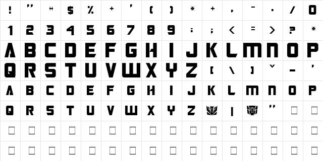 Transformers Regular  glyph index