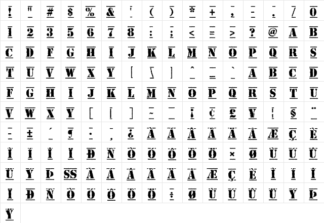 Top Secret Regular  glyph index