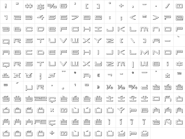 Sky Ridge 3D Regular  glyph index