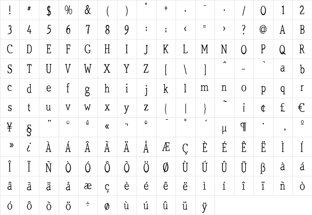 QuickType Condensed Regular  glyph index