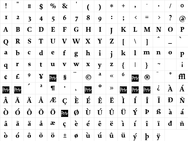 Proforma Bold  glyph index