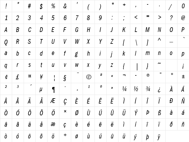 ITC Franklin Gothic LT Com Book Compressed Italic  glyph index