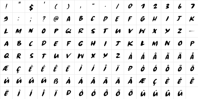 Radical Brush DEMO Regular  glyph index