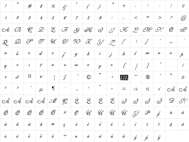 SheerGrace Regular  glyph index