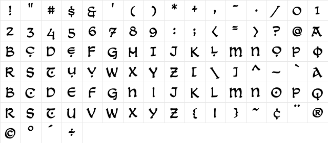 CCDreamlandDisplay Regular  glyph index