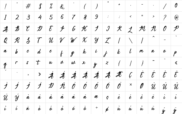 Catherine Regular  glyph index