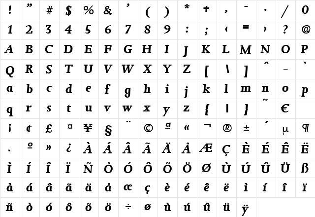 Jessica-BoldIta Regular  glyph index