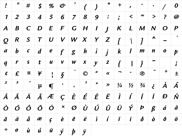 Legacy Sans ITC Std Bold Italic  glyph index