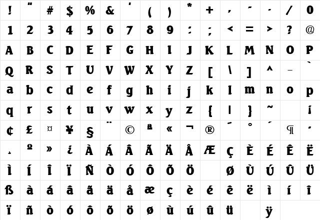 SeagullLH Bold  glyph index