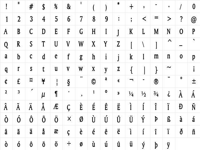 Ameretto Thin Bold  glyph index