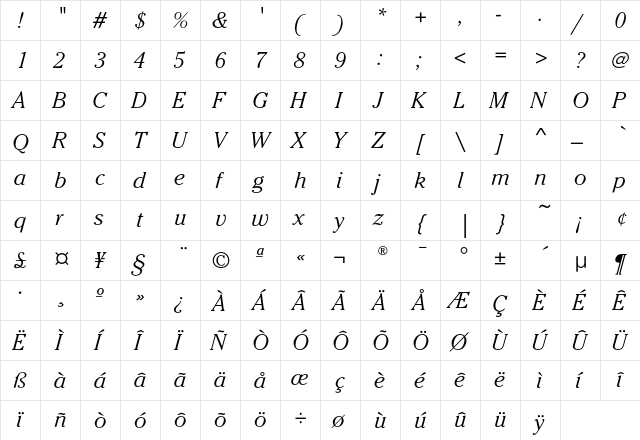CheltenhamEF-LightItalic Regular  glyph index