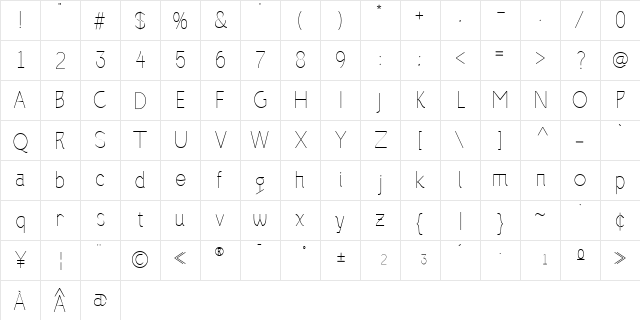Alazne Light Regular  glyph index