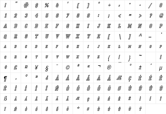 Princeton Condensed Italic  glyph index