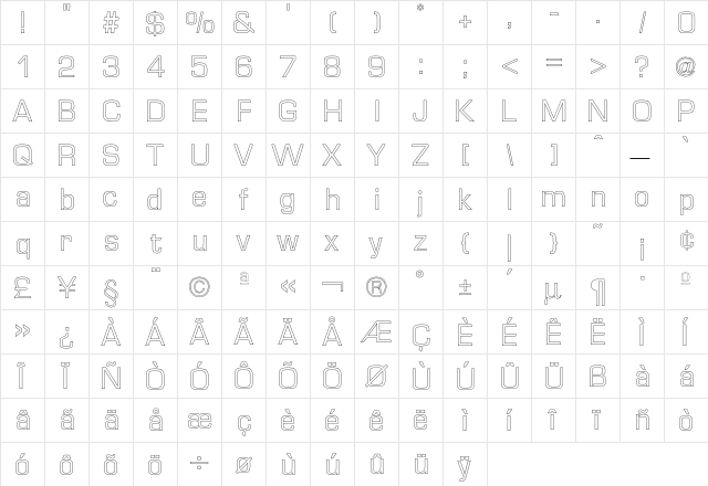 Euro TechnicOutline  glyph index