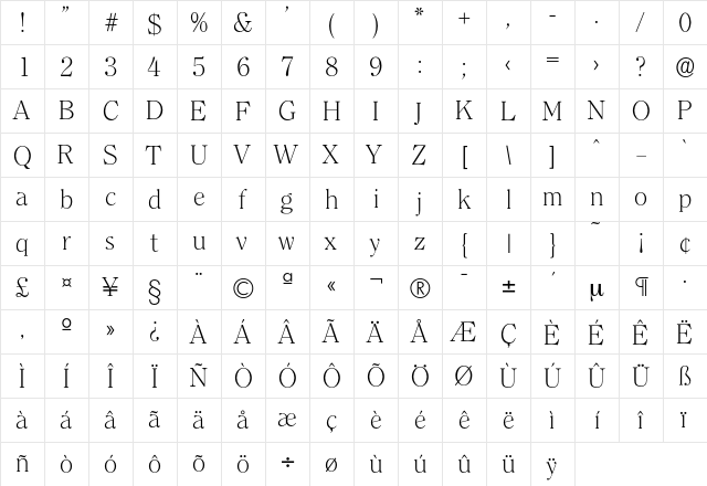 Clerface-Xlight Regular  glyph index