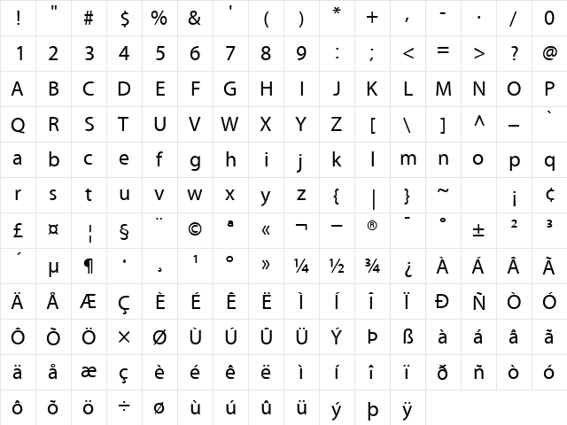 MyriadRegular Normal  glyph index