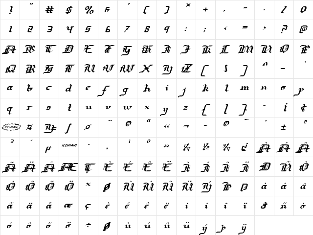 Redcoat Expanded Italic Expanded Italic  glyph index