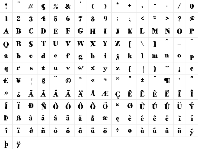 HVD Bodedo Regular  glyph index