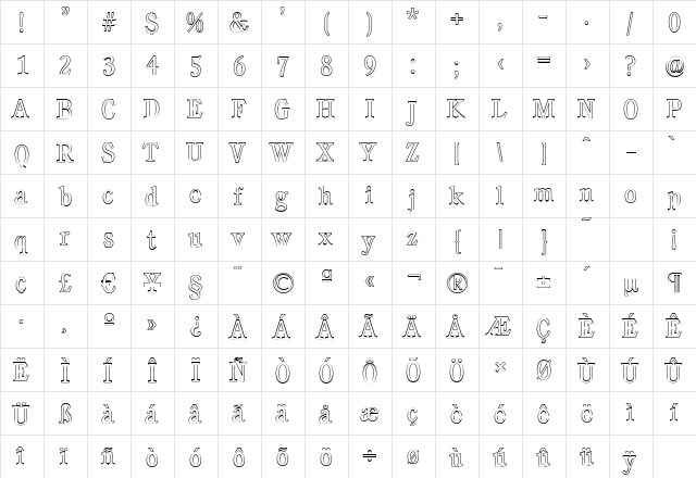 CalgaryOutline-Light Regular  glyph index