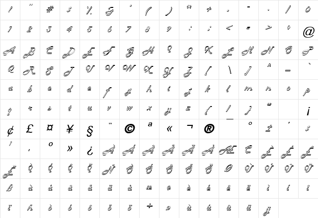 Halo Italic  glyph index