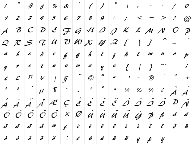 Brushstroke 35 Italic  glyph index