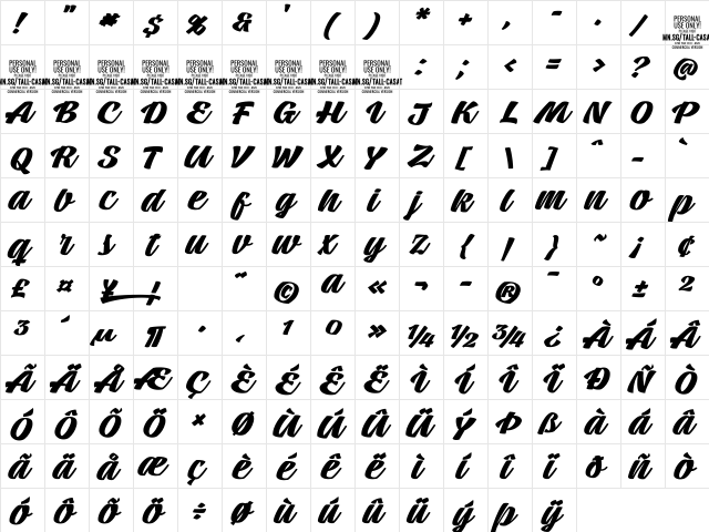 Tall Casat Bold PERSONAL USE Regular  glyph index
