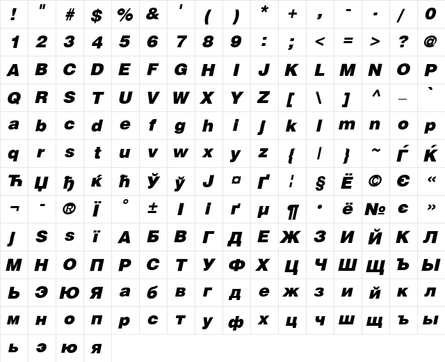 HeliosBlack Regular  glyph index