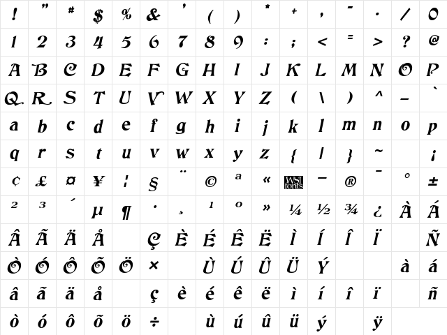 Tringle Italic  glyph index