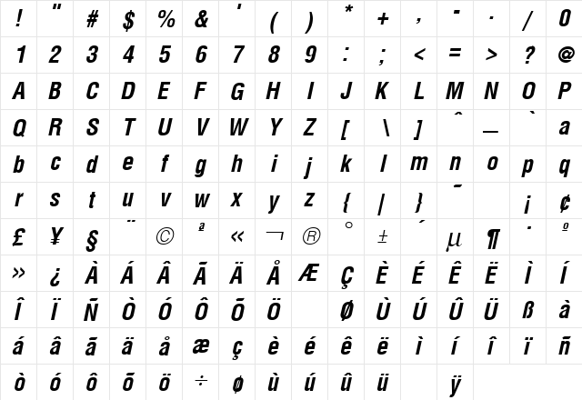 Hallmarke Bold Italic  glyph index