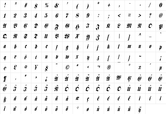 Frank Condensed Italic  glyph index