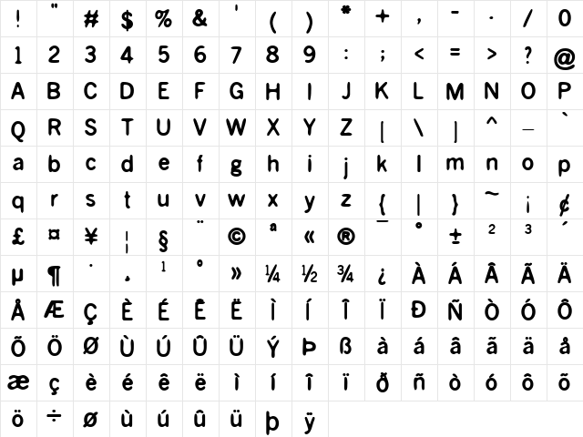 BlueBond Medium  glyph index