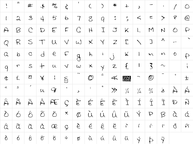 GinnysHand Regular  glyph index