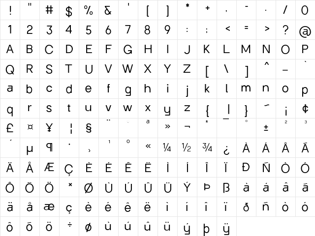 Punta Light Regular  glyph index