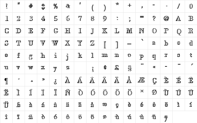 BodoniAntTRegRe1 Regular  glyph index