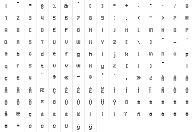 UNDASquare Regular  glyph index