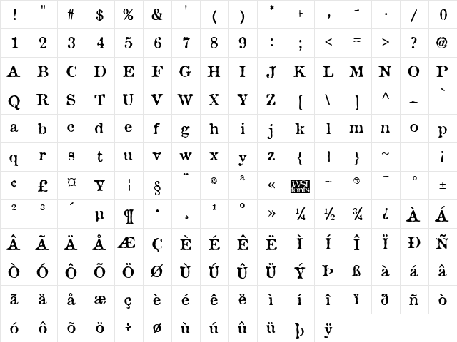Brunine Regular  glyph index