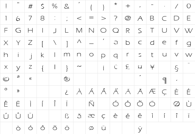 Presence 14 Regular  glyph index