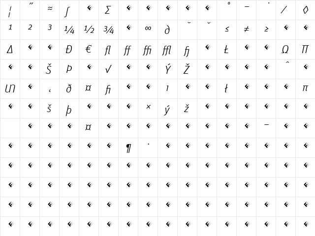 Unit-LightItalicTFExpert Regular  glyph index
