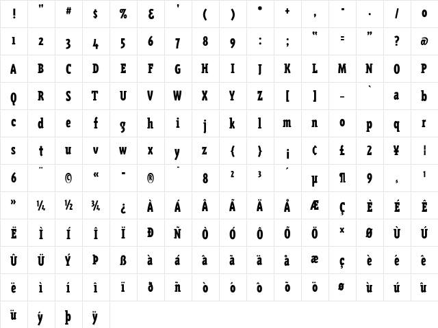 TriplexCondSerifBlack Regular  glyph index