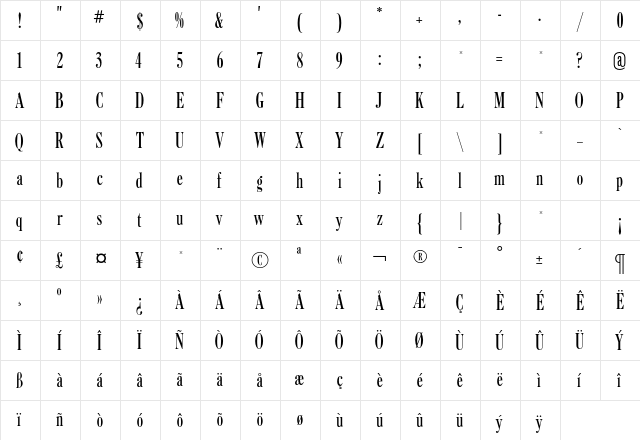Caslon RR Regular ExtraCond  glyph index
